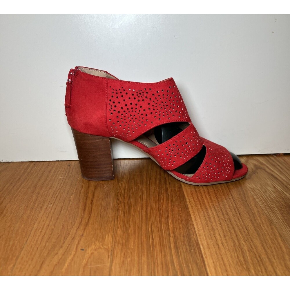 Anabelle Shoes Womens Size 8 Red Cutout Peep Toe Chunky Heel Suede Zip Sandals - Picture 5 of 10